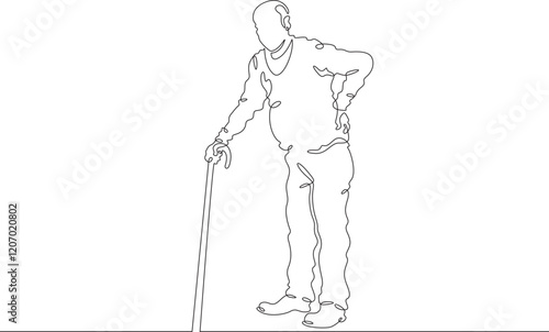 Continuous one line drawing elderly man on a walk. Old man with a cane. Pensioner. One continuous line isolated minimal illustration.Not AI.