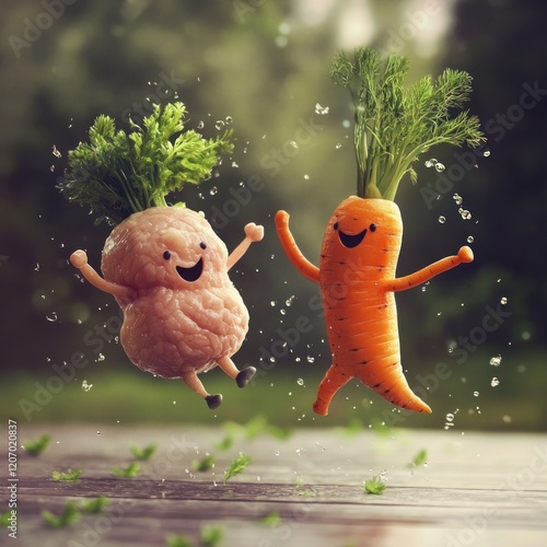 Happy jumping vegetables, cartoon carrot and parsnip. photo