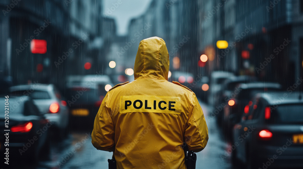Guiding traffic during a rainy rush hour, a police officer stands out in a bright yellow raincoat Guiding traffic during a rainy rush hour, a police officer stands out in a bright yellow raincoat