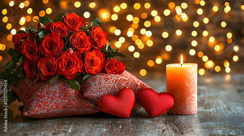 Framed by fairy lights, a cozy living room displays Valentine's Day decor, including heart-shaped cushions, a bouquet of red roses, and a glowing candle centerpiec photo