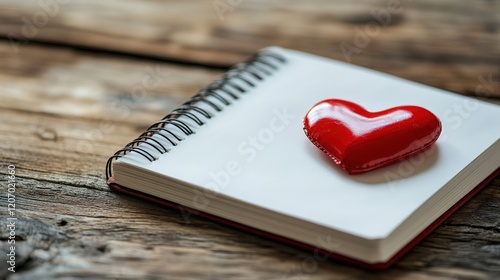 Red Heart Shape on Blank Notebook Page with Wooden Table Background Ideal for Romantic and Creative Concepts