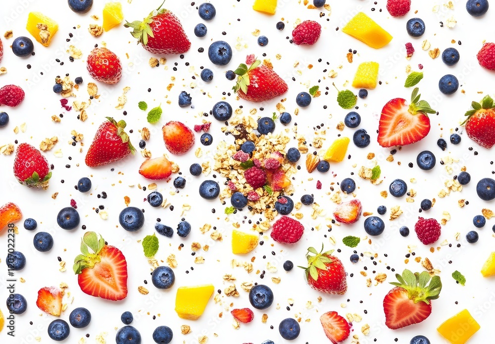 Colorful granola, berries, and mango scattered on white background. Colorful granola, berries, and mango scattered on white background.