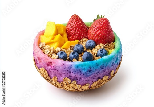 Rainbow oat bowl with mango, strawberries, and blueberries. photo