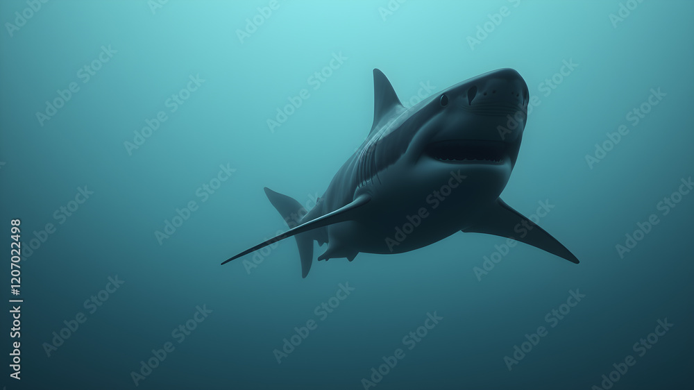 Naklejka premium Shark in the sea, dramatic foggy photo. Generative AI