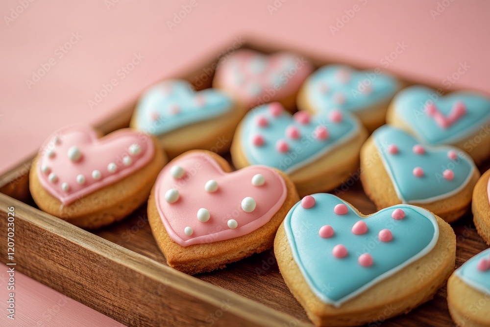 Heart-shaped cookies with blue and pink icing in a wooden tray Heart-shaped cookies with blue and pink icing in a wooden tray