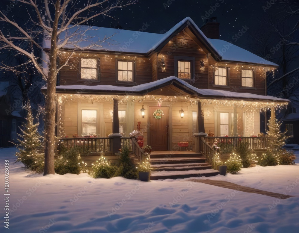 Christmas Light Display on a House with a Snowy Yard, colorful strings, house facade, holiday accessories Christmas Light Display on a House with a Snowy Yard, colorful strings, house facade, holiday accessories