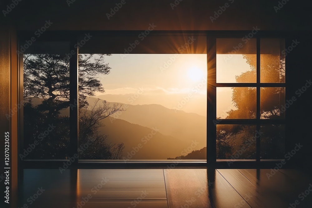 Fototapeta premium Golden Sunset View Through Large Window In Mountain Cabin