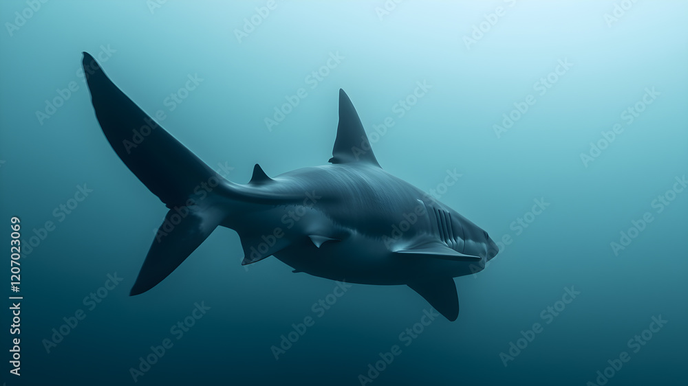 Obraz premium Shark in the sea, dramatic foggy photo. Generative AI