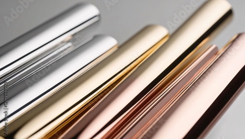 Subtle gradients of silver, gold, or rose gold with high-gloss finishes, creating a luxurious shine and elegant visual appeal.

 photo