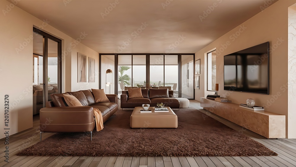 Fototapeta premium Brown and beige modern living room - rendering