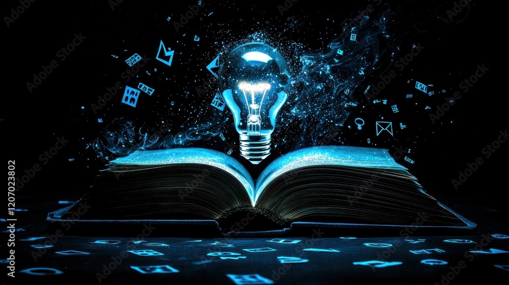 Obraz premium Lightbulb Brainstorming An open book with a glowing lightbulb emerging from its pages, surrounded by floating letters and symbols, representing knowledge, inspiration, and creative thinking.