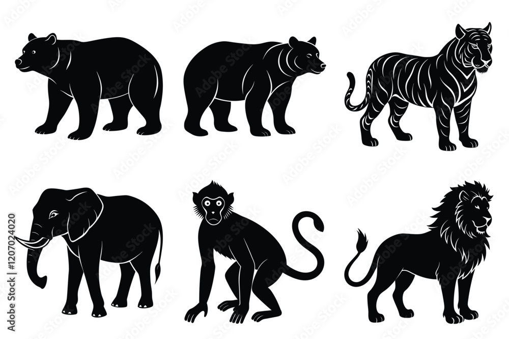 Naklejka premium Wildlife animal silhouettes set isolated on white background