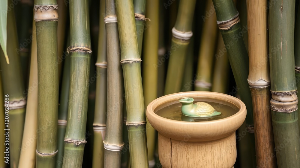 Close-up of bamboo stalks with a small, delicate decorative water container placed among them, organic arrangement, peaceful surroundings Close-up of bamboo stalks with a small, delicate decorative water container placed among them, organic arrangement, peaceful surroundings