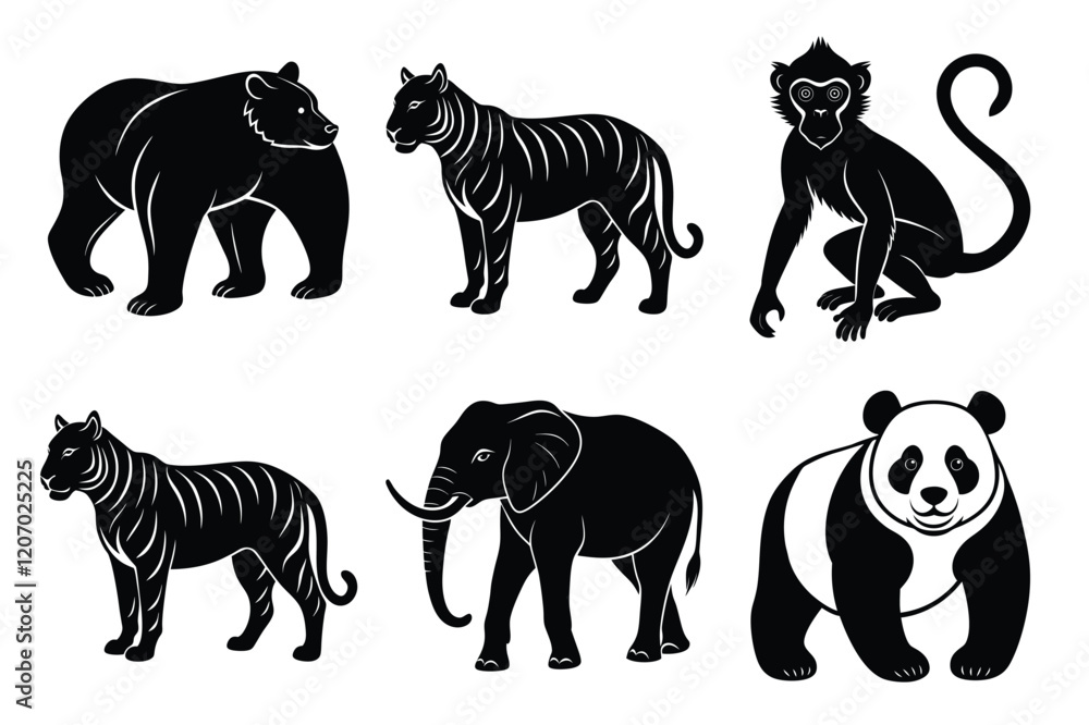 Naklejka premium Wildlife animal silhouettes set isolated on white background