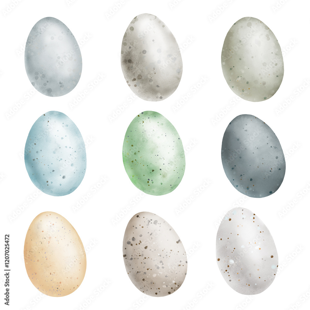 Delicate Easter eggs in a set. Watercolor digital illustration. Pink, blue, green and yellow eggs with cute spots isolated on white background. Spring and Easter theme, dragon eggs Delicate Easter eggs in a set. Watercolor digital illustration. Pink, blue, green and yellow eggs with cute spots isolated on white background. Spring and Easter theme, dragon eggs