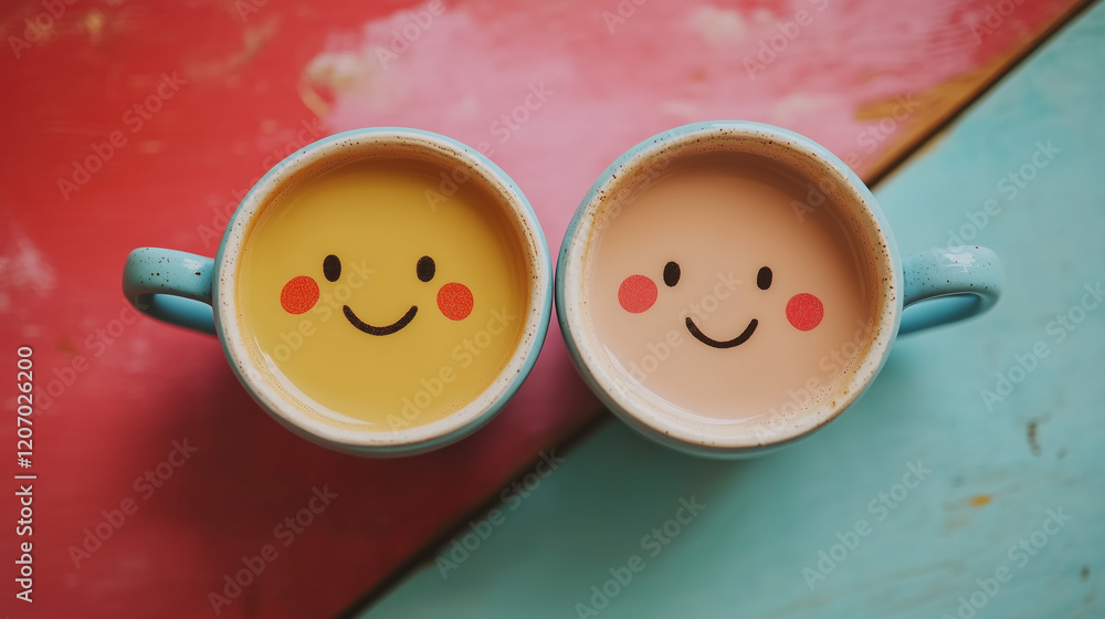 Cute smiling mugs with colorful drinks on a vibrant red and blue wooden surface Cute smiling mugs with colorful drinks on a vibrant red and blue wooden surface