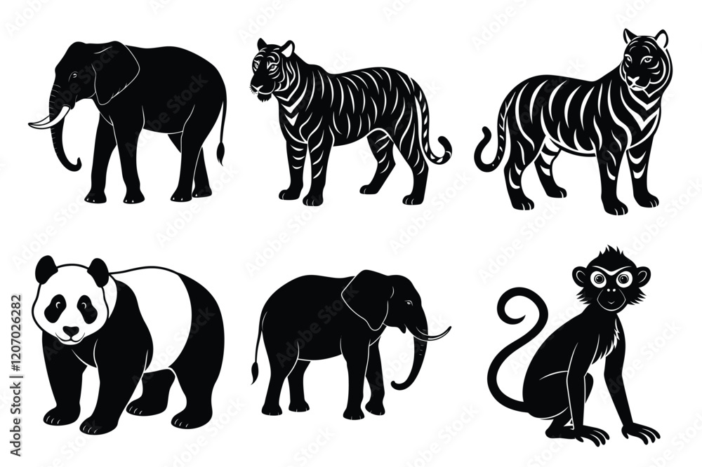 Wildlife animal silhouettes set isolated on white background Wildlife animal silhouettes set isolated on white background
