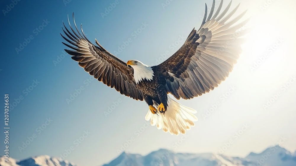 Naklejka premium Majestic bald eagle in flight over snow-capped mountains.