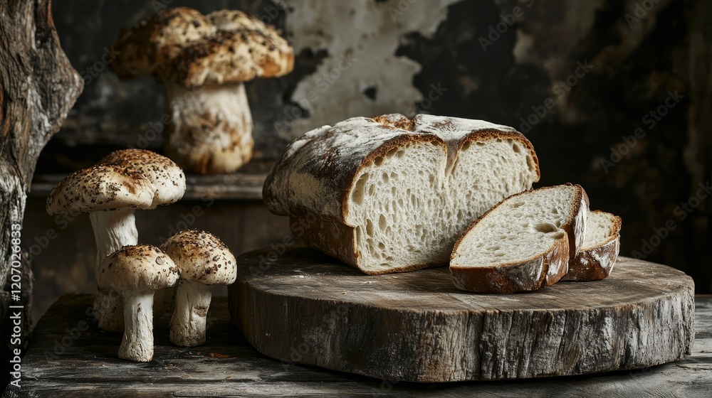 Artisan bread loaf sliced on wooden cutting board in rustic cafe Artisan bread loaf sliced on wooden cutting board in rustic cafe