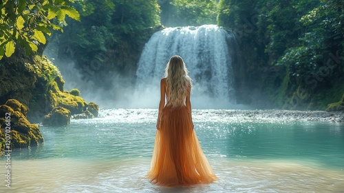 Fototapeta Naklejka Na Ścianę i Meble -  A stunning woman with fair skin and long, flowing blonde hair, standing near a gentle waterfall surrounded by lush greenery.