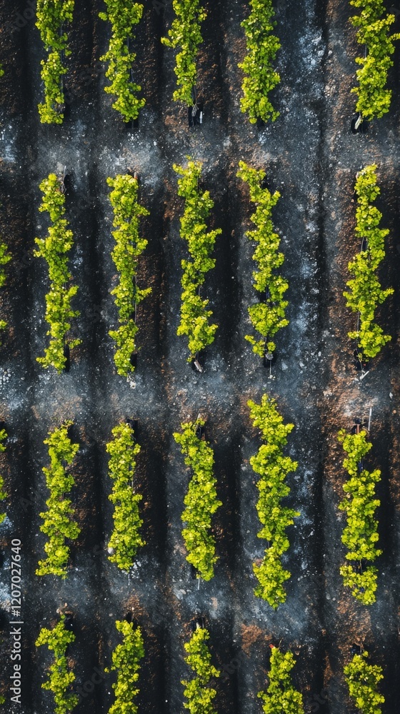 Obraz premium Aerial view of lush green vineyard rows stretching into the distance. This image captures the beauty of nature and agriculture in perfect harmony. Generative AI