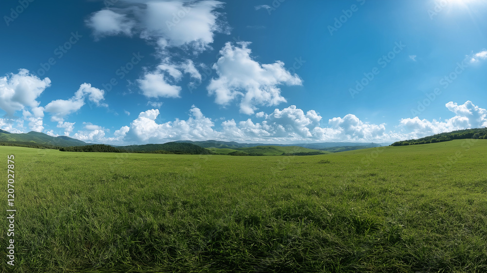 A vast, open green grassland beneath a clear blue sky and fluffy white clouds, stretching toward the horizon. The clean and simple background emphasizes the contrast between light and dark A vast, open green grassland beneath a clear blue sky and fluffy white clouds, stretching toward the horizon. The clean and simple background emphasizes the contrast between light and dark