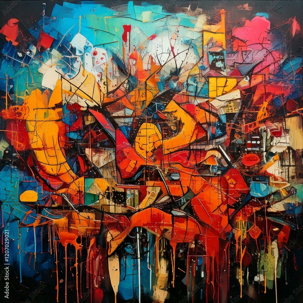 Obraz premium a graffiti piece that combines fragmented text, symbols, and abstract imagery. Use bold colors and layers to reflect themes of identity, history, or rebellion in an expressive, chaotic style.