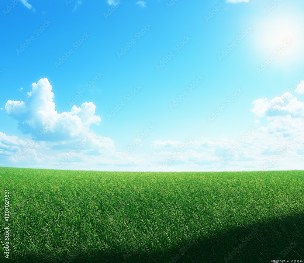 Obraz premium A vast, open green grassland beneath a clear blue sky and fluffy white clouds, stretching toward the horizon. The clean and simple background emphasizes the contrast between light and dark