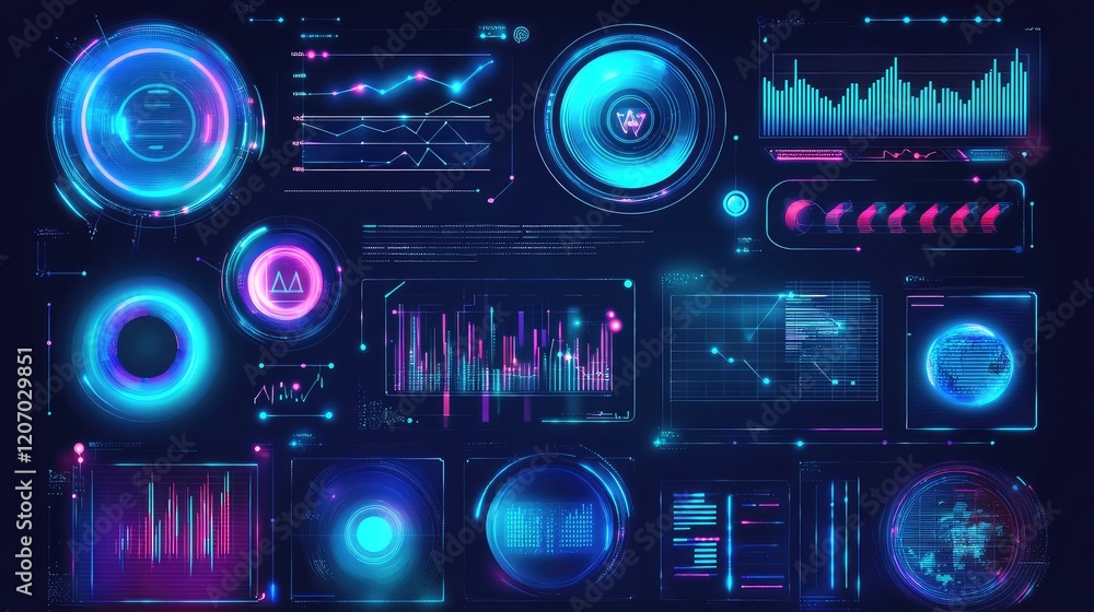 Fototapeta premium Abstract digital interface with glowing spheres, holographic elements, and dynamic data patterns in a futuristic setting