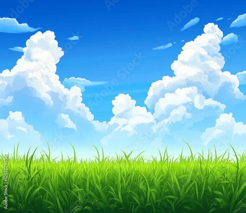 A vast, open green grassland beneath a clear blue sky and fluffy white clouds, stretching toward the horizon. The clean and simple background emphasizes the contrast between light and dark