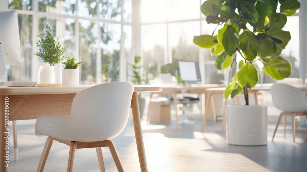 Modern Office Oasis: Sunlight streams into a bright, minimalist office space, illuminating sleek desks, comfortable chairs, and vibrant potted plants, creating a serene and productive atmosphere. Modern Office Oasis: Sunlight streams into a bright, minimalist office space, illuminating sleek desks, comfortable chairs, and vibrant potted plants, creating a serene and productive atmosphere.