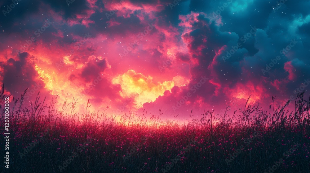 Naklejka premium Vibrant sunset over a lush field nature photography colorful sky serene landscape dramatic colors