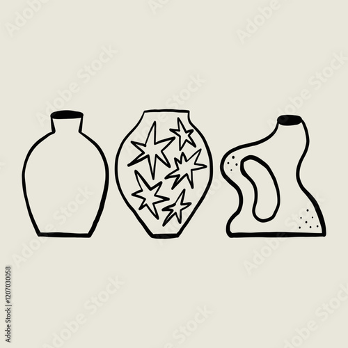 Set Sketch Elegant Ceramic Vases. Whimsical Black Line Collection Different Pottery Clay Jar. Vector Hand Drawn Illustration