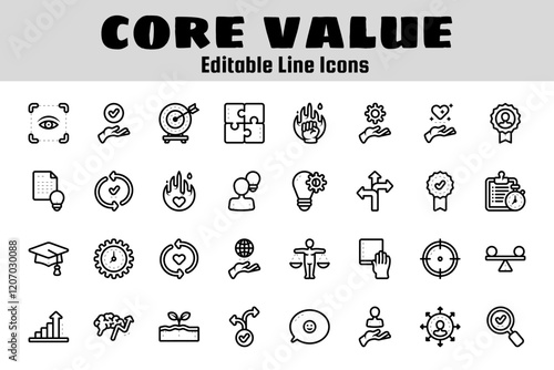Core value outline icon set related to ideology, integrity, icon, innovation, growth, goal, trust, and others. Vector illustration.