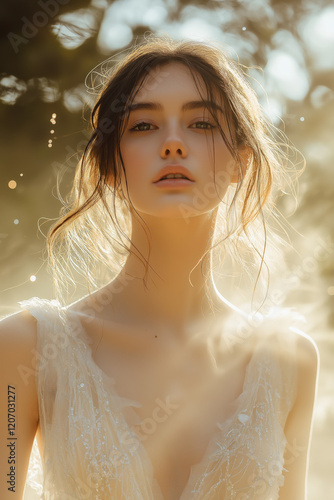 A graceful woman in a stunning lace wedding dress with intricate details, bathed in warm golden light, evoking a romantic and timeless bridal style.
 photo