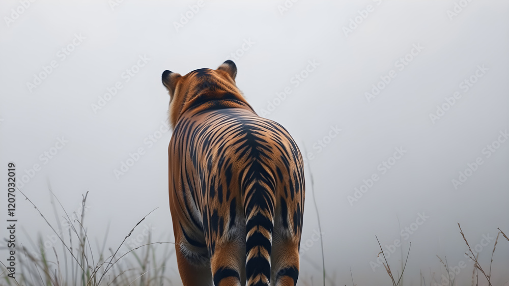 Fototapeta premium Tiger, dramatic back view in foggy environment. Generative AI