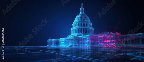 Futuristic neon blue and neon pink digital Capitol Building hologram. Detailed 3D wire frame model.