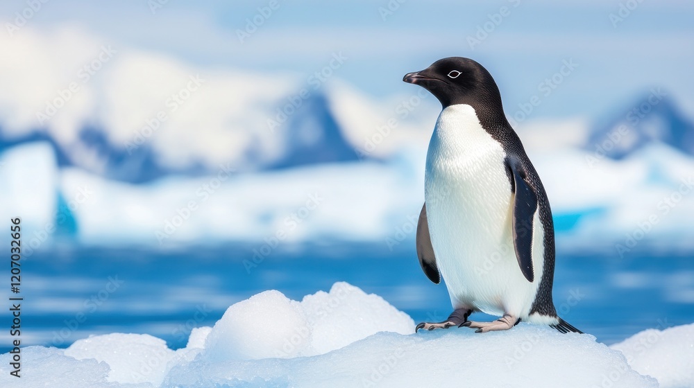 Fototapeta premium A lone penguin standing on an iceberg in Antarctica