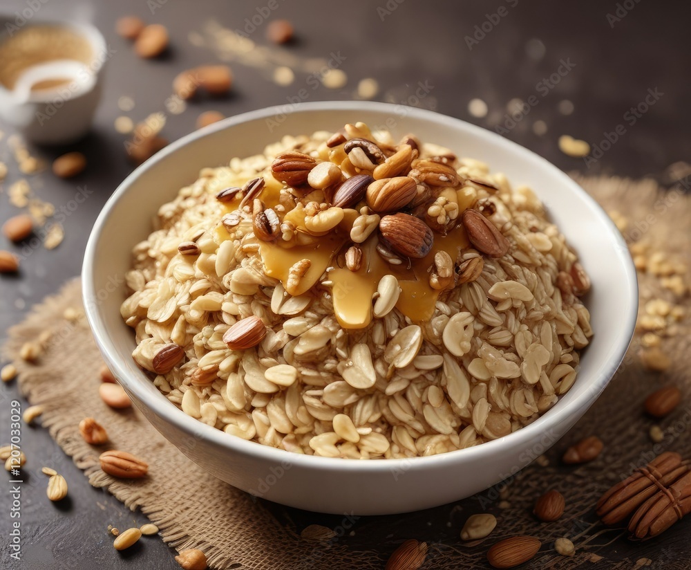 Aromatic oats with honey drizzle and crunchy nuts on top, crunch, texture, nutty Aromatic oats with honey drizzle and crunchy nuts on top, crunch, texture, nutty