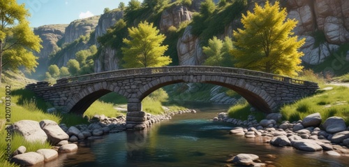 Arched stone bridge spanning the river Mologa in a serene landscape, water, natural scenery photo