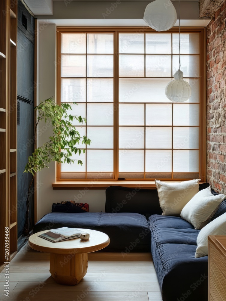 Fototapeta premium Tranquil Modern Living Room With Shoji Window And Low Seating