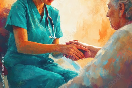 A doctor compassionately holds an elderly patient's hand, offering comfort and care.