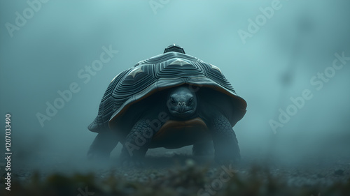 Tortoise, dramatic back view in foggy environment. Generative AI photo