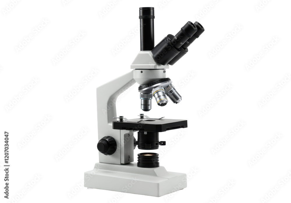 Modern scientific microscope with black and white detailing, isolated on white background Modern scientific microscope with black and white detailing, isolated on white background