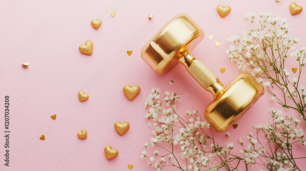 Gold dumbbell surrounded by delicate flowers and shimmering heart shapes on a soft pink surface evokes a playful spirit of wellness and joy Gold dumbbell surrounded by delicate flowers and shimmering heart shapes on a soft pink surface evokes a playful spirit of wellness and joy
