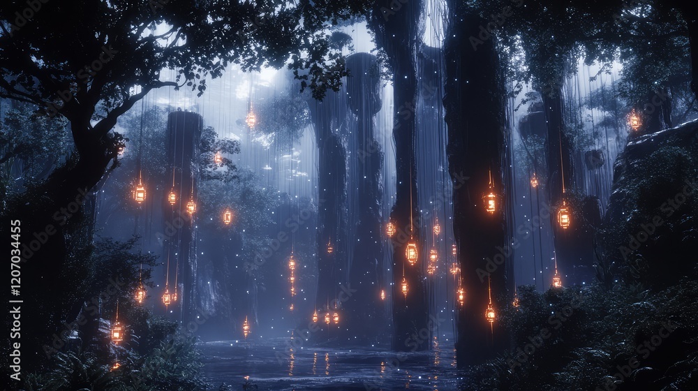 Fototapeta premium Abstract high-tech landscape with glowing nodes, holographic data streams, and futuristic light effects