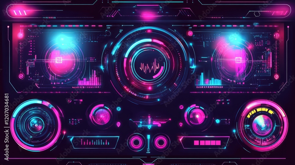 Fototapeta premium Abstract holographic technology interface with glowing nodes, dynamic data lines, and futuristic visual elements