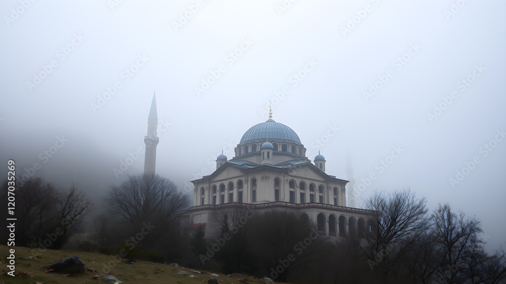 Naklejka premium Mosque on a foggy day. Generative AI
