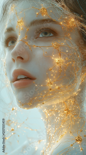 Wallpaper Mural A surreal close-up portrait of a woman with golden neural connections across her face, symbolizing the fusion of humanity and advanced technology. Torontodigital.ca