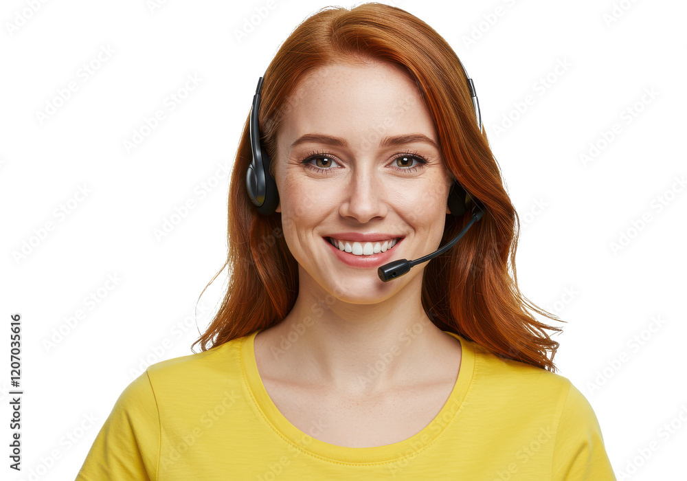 Smiling female call center agent wearing a headset and a yellow shirt isolated on white background Smiling female call center agent wearing a headset and a yellow shirt isolated on white background